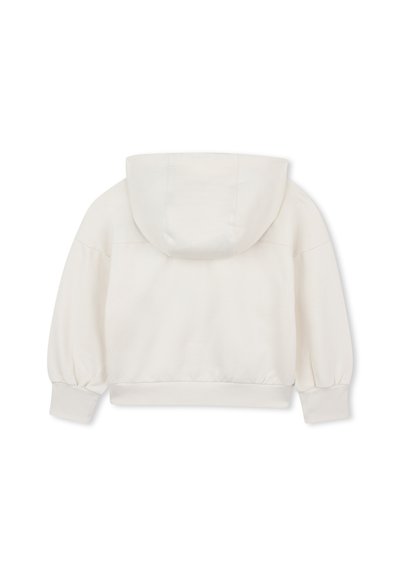 Witte hoodie met een ontspannen pasvorm, voorzien van een gevoerde capuchon, poffende mouwen en ribboord aan de mouwen en onderkant. Zachte stoffen textuur met minimale naden.