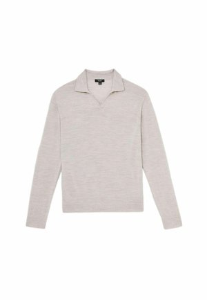 Jasnoszary, długi rękaw, sweter z dekoltem w serek i kołnierzykiem, wyeksponowany na płasko na białym tle.