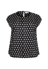 Chemise noire à manches courtes avec un col rond et une fermeture en trou de serrure dans le dos, ornée d'un motif à pois blancs et offrant une coupe décontractée.