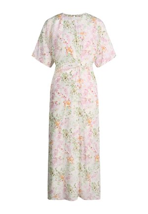 Light floral midi dress with short sleeves, a round neckline, and a front twist detail at the waist.