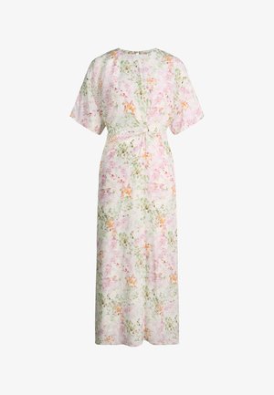 Light floral midi dress with short sleeves, a round neckline, and a front twist detail at the waist.