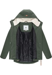 Green outerwear jacket with a fleece-lined hood, featuring a black quilted interior and a logo label at the center. Brown leather accents on zippers.