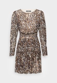 Robe à imprimé léopard avec des manches longues froncées, une taille ajustée et une jupe évasée. Confectionnée dans un tissu léger et texturé.