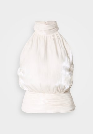 Hvit haltertopp i lett, blankt stoff. Har struktur med rynker og en innsvingt midje med høy hals. Glidelåslukking bak.