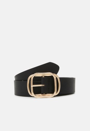 Black leather belt featuring a rectangular gold-tone buckle with rounded edges, smooth texture, and a sleek design.