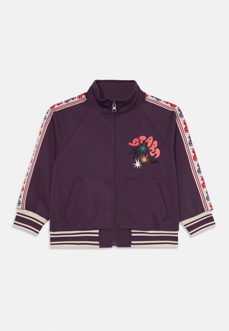 Lila Zip-up Jacke mit hohem Kragen, gestreiften Bündchen und Saum, dekorativen Sternen und "STARS"-Text auf der Brust sowie gemusterten Streifen an den Ärmeln.