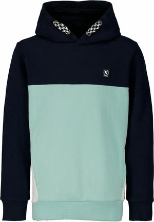 Zweifarbiger Hoodie mit marineblauem Oberteil und Ärmeln, mintgrünem Körper, weißen Seitenakzenten, gemusterten Kordeln und kleinem vorderem Logopatch.