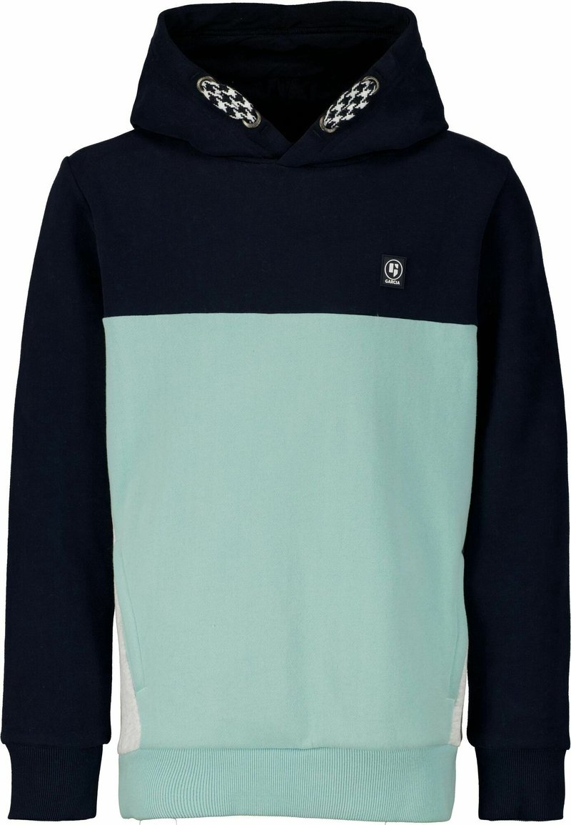 Sweat à capuche bicolore avec haut et manches bleu marine, corps vert menthe, accents latéraux blancs, cordons à motifs et petite écusson logo à l'avant.