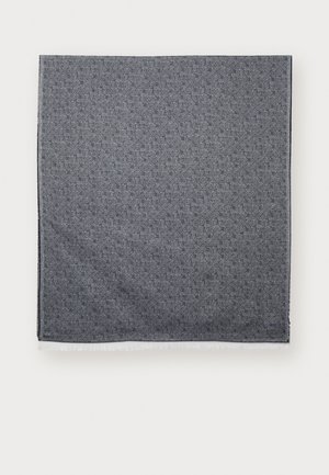 Dark blue scarf featuring repetitive text pattern in light blue, with fringed edges. Material appears soft with a smooth texture.