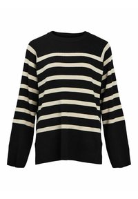 Pull noir à manches longues avec larges rayures blanches horizontales sur le corps et les manches, col rond et coupe régulière.