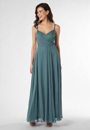 Türkise lange Kleid mit dünnen Trägern, plissiertem Rock und transparenten Spitzendetails im Oberteil. Die fließende Stoffqualität erzeugt eine weiche Silhouette.