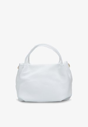 Borsa a mano in pelle bianca con superficie texturizzata, forma morbida, manici doppi e dettagli in hardware dorato. Design compatto e minimale.