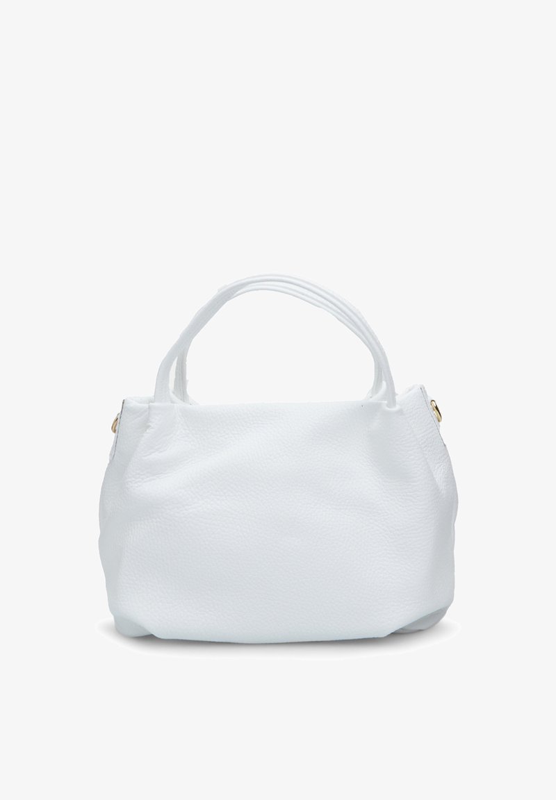 Biała skórzana torebka z teksturowaną powierzchnią, miękkim kształtem, podwójnymi uchwytami i złotymi akcentami. Kompaktowy i minimalistyczny design.