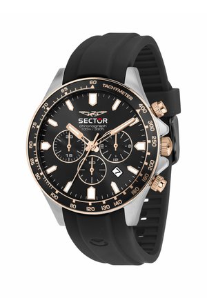 Orologio cronografo nero con dettagli in oro rosa, lunetta tachimetrica, tre quadranti ausiliari, finestra della data e cinturino in silicone nero, resistente all'acqua fino a 100 metri.