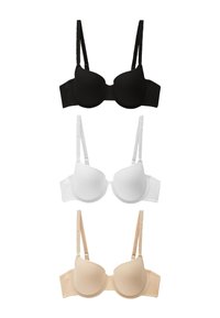 Drei gepolsterte BHs mit verstellbaren Trägern in Schwarz, Weiß und Beige, vertikal auf einem weißen Hintergrund angeordnet.