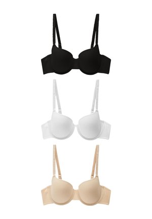 Sujetador negro acolchado con tirantes finos ajustables y textura suave. Presenta un diseño con aros y un acabado sin costuras.