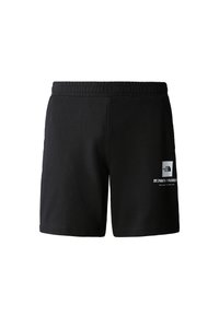 Pantaloni corti neri in cotone con vita elastica, dotati di un logo bianco e di una grafica con coordinate sul lato sinistro in basso.
