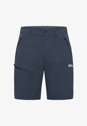 Marineblauwe shorts gemaakt van lichte, rekbare stof; voorzien van meerdere ritszakken en een logo aan de linkerkant van de voorkant.