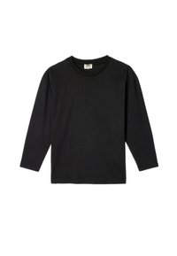 Czarny długi rękaw T-shirt z bawełny, z klasycznym okrągłym dekoltem i haftowanym wykończeniem. Prosty, minimalistyczny design.