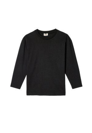 Czarny długi rękaw T-shirt z bawełny, z klasycznym okrągłym dekoltem i haftowanym wykończeniem. Prosty, minimalistyczny design.