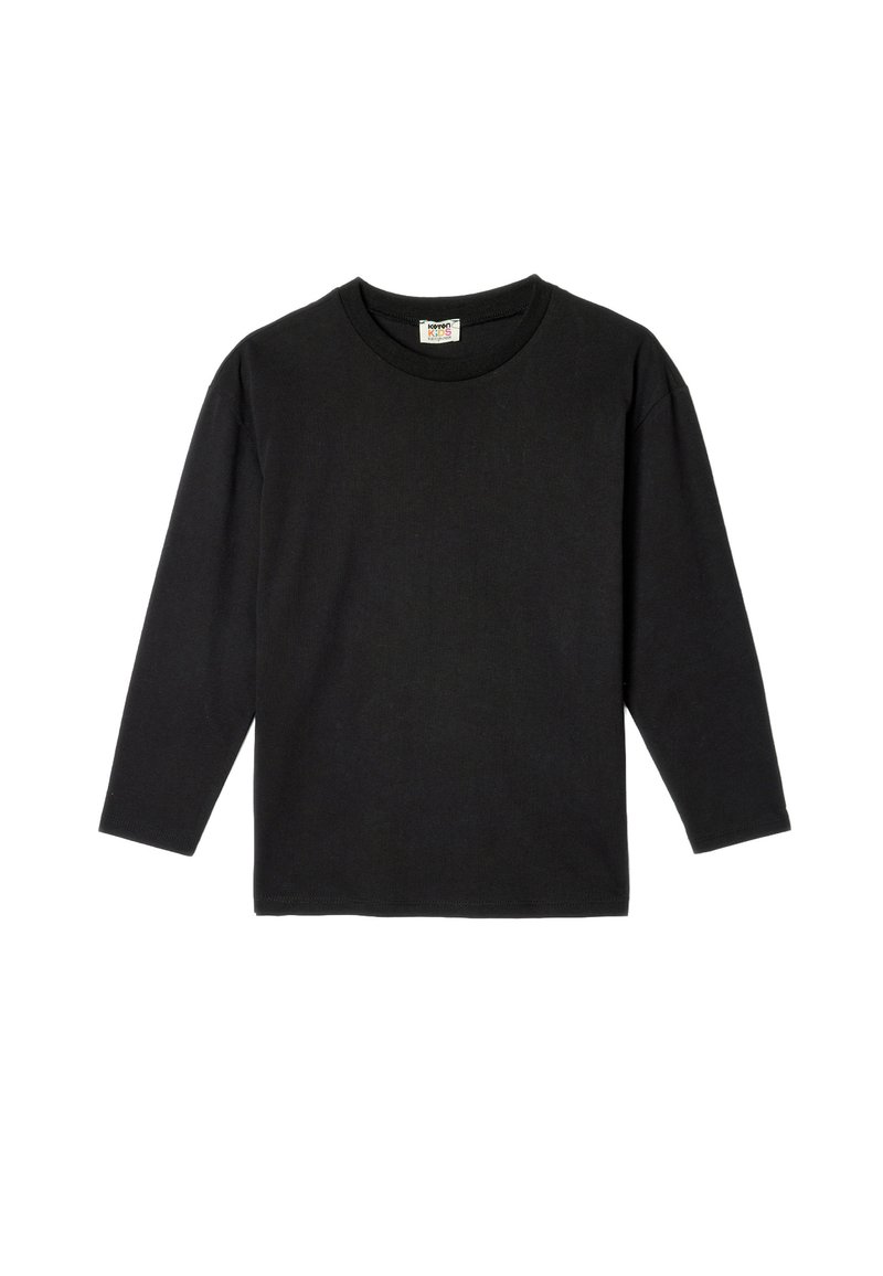 Czarny długi rękaw T-shirt z bawełny, z klasycznym okrągłym dekoltem i haftowanym wykończeniem. Prosty, minimalistyczny design.