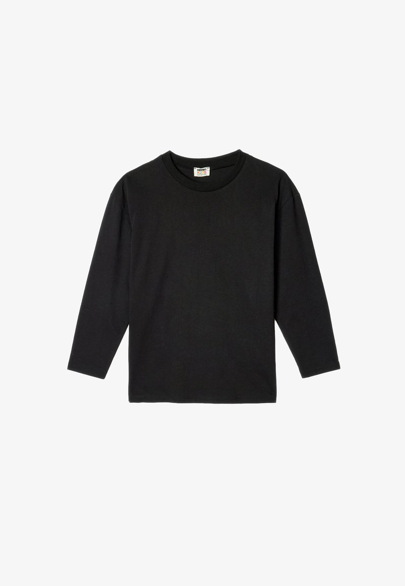 Schwarzes Langarm-T-Shirt aus Baumwolle mit klassischem Rundhalsausschnitt und genähten Saumdetails. Einfaches, minimalistisches Design.
