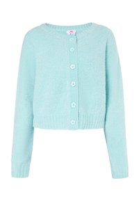 Helles Blau, kurz geschnittene Strickjacke aus weichem, strukturiertem Material. Mit einem runden Ausschnitt, gerippten Bündchen und sechs passenden Knopfverschlüssen.