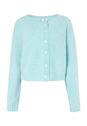 Helles Blau, kurz geschnittene Strickjacke aus weichem, strukturiertem Material. Mit einem runden Ausschnitt, gerippten Bündchen und sechs passenden Knopfverschlüssen.