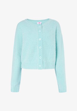 Světle modrý, zkrácený cardigan z měkké, texturované látky. Má kulatý výstřih, žebrované manžety a šest odpovídajících knoflíkových zapínání.