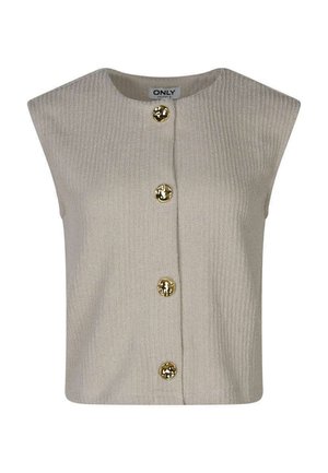 Veste beige sans manches en tricot avec encolure ronde et quatre grands boutons dorés brillants sur le devant.