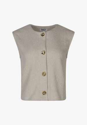 Veste beige sans manches en tricot avec encolure ronde et quatre grands boutons dorés brillants sur le devant.