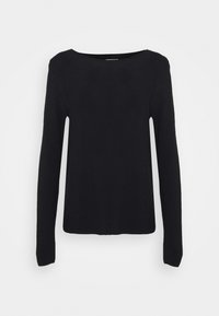 Svart långärmad stickad topp med rund halsringning, med en figursydd form och slät yta. Enkelt design, utan metalldelar eller dekorationer.