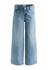 Blauwe denim culottes met een wijd uitlopende pasvorm, voorzien van een knoopsluiting, steekzakken aan de voorkant en een vervaagde textuur voor een versleten uitstraling.