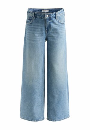 Pantaloni culotte din denim albastru cu design cu picior larg, prevăzuți cu închidere cu nasturi, buzunare frontale și textură decolorată pentru un aspect uzat.