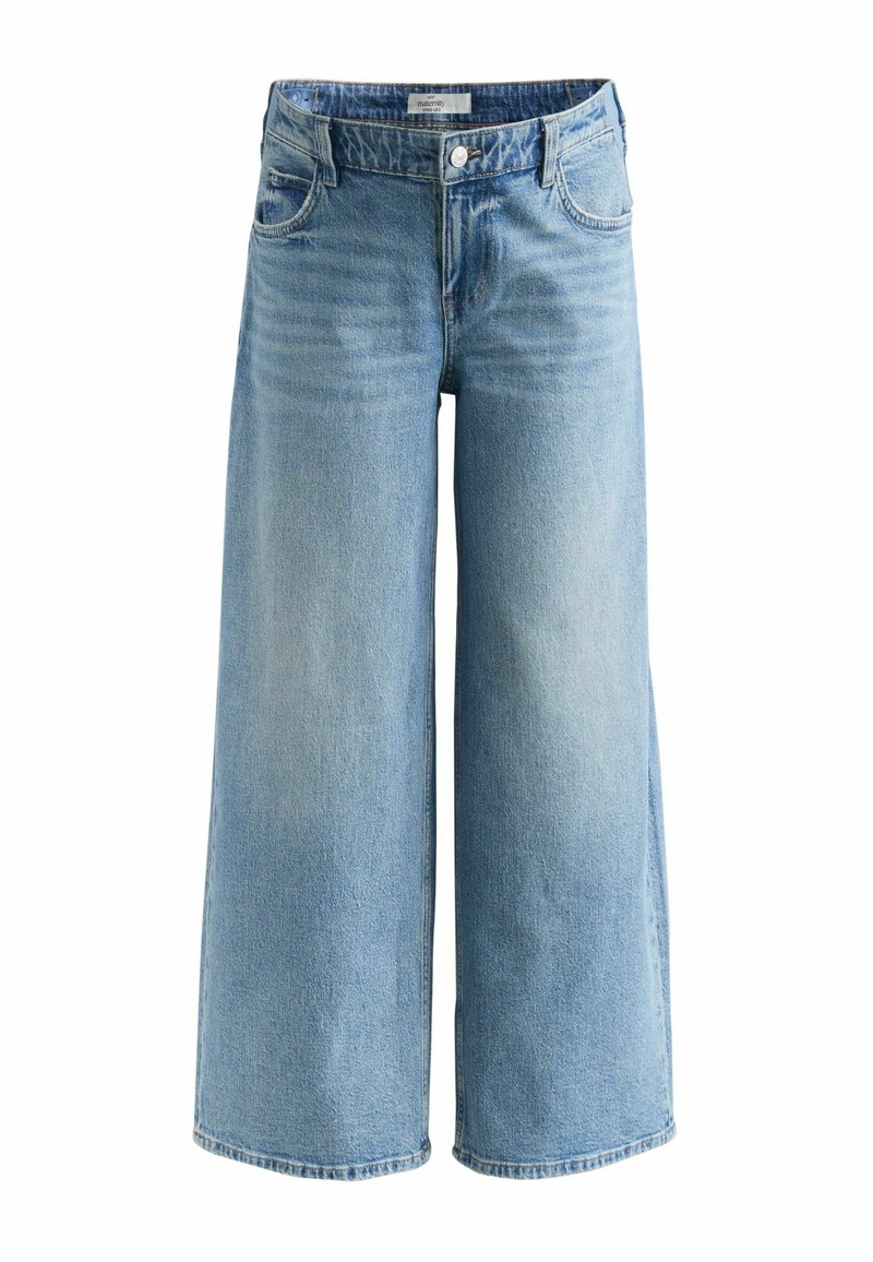 Blauwe denim culottes met een wijd uitlopende pasvorm, voorzien van een knoopsluiting, steekzakken aan de voorkant en een vervaagde textuur voor een versleten uitstraling.