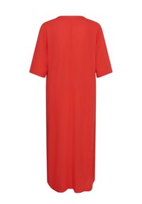 Rotes, knielanges Kleid mit kurzen Ärmeln und rundem Ausschnitt, von hinten vor weißem Hintergrund gezeigt.