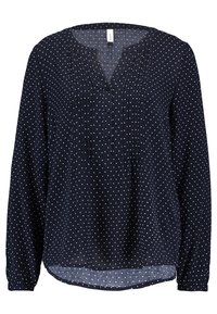 Námořnická blůza s dlouhým rukávem a bílými puntíky, s výstřihem do V, skladbami a knoflíkovou légou. Lehce materiál s texturovaným vzorem.