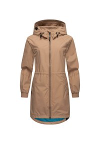 Manteau imperméable beige clair avec capuche, fermeture éclair à l'avant, poignets élastiques et doublure bleue. Dispose d'une taille ajustable et de poches.