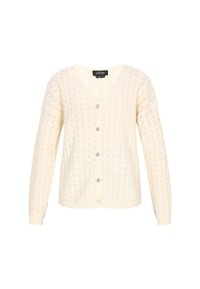 Crème-kleurige gebreide cardigan met lange mouwen, V-hals, knoopsluiting en een delicate opengewerkte patroon overal.