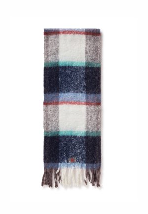 Szalik w kratę wykonany z mieszanki wełny, w przeważającej części biały, szary i granatowy, z akcentami w kolorze turkusowym i czerwonym. Miękka tekstura i frędzle na końcach.