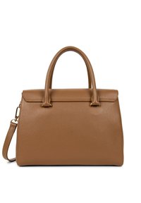Borsa in pelle color nocciola con una forma strutturata, doppi manici superiori e una tracolla regolabile. Presenta accenti in hardware dorato.