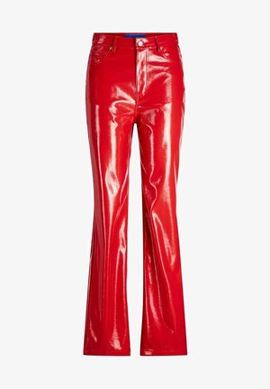 Red, patent leather flared pants with a high waist, front pockets, and shiny texture. Features a single button closure and belt loops.