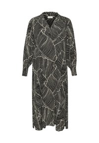 Black dress with white leaf pattern, featuring a V-neck, long sleeves, and a relaxed fit, made of lightweight fabric.