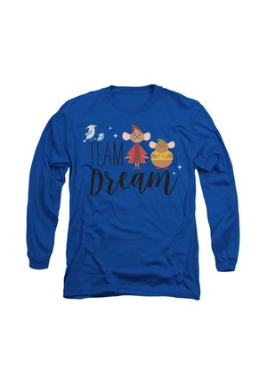 Blue long-sleeve t-shirt featuring cartoon characters and the text "TEAM Dream" in bold black lettering, with star accents around the design.
