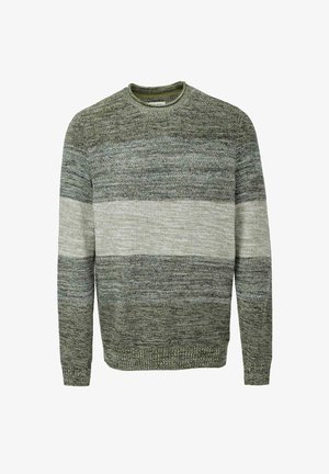 Jersey de punto con cuello redondo, patrón de rayas en tonos verdes y grises, y tela texturizada con puños y dobladillo acanalados.