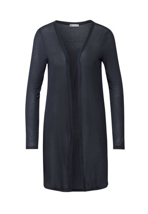 Lange mouwen, open voorkant, lichte zwarte cardigan met een eenvoudig, kraagloos ontwerp.