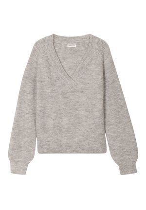 Gray knit sweater with a V-neckline, long balloon sleeves, and ribbed cuffs and hem. Soft texture with a subtle heather pattern.