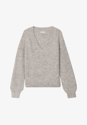 Pull en tricot gris avec un décolleté en V, des manches bouffantes longues et des bords-côtes aux poignets et à l'ourlet. Texture douce avec un motif chiné subtil.