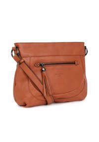 Borsa a tracolla in pelle marrone chiaro con tasca frontale con zip, dettaglio a nappina, tracolla regolabile e forma curva. Texture liscia e rifiniture di cucitura.