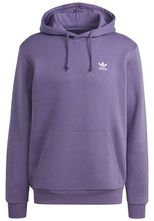 Paarse Adidas capuchontrui met voorkangoeroezak en trekkoord in de capuchon, met klein wit Adidas-logo op de borst.